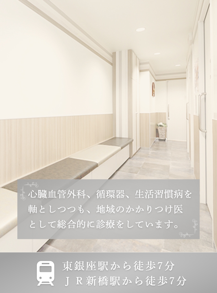 心臓血管 循環器 生活習慣病 幅広く対応しております。 東銀座駅から徒歩7分 JR新橋駅から徒歩7分